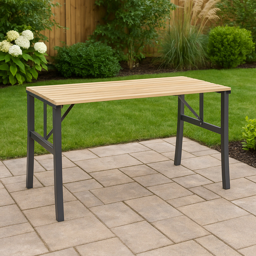 Masa de gradina cu cadru metalic si blat din lemn impregnat, 120x60x71 cm, natur