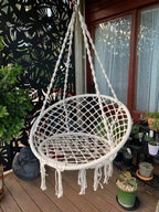 Scaun rotund tip leagan suspendat pentru casa sau gradina, cu franjuri, 150kg, crem