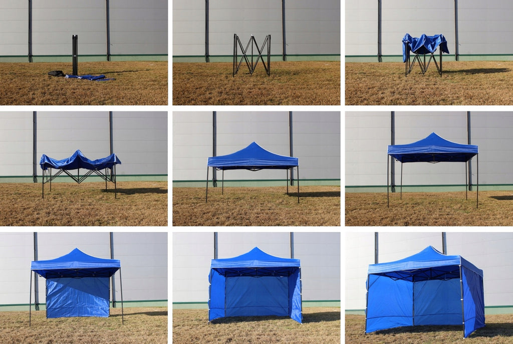Cort tip pavilion cu 3 pereti laterali, structura solida otel si acoperis impermeabil PVC, 3x3 m cu inaltime reglabila, albastru