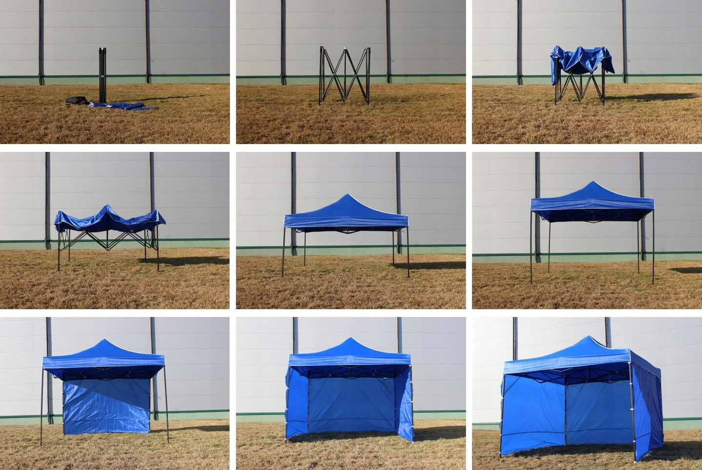 Cort tip pavilion cu 3 pereti laterali, structura solida otel si acoperis impermeabil PVC, 3x3 m cu inaltime reglabila, albastru