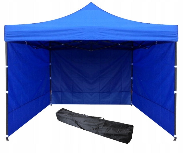 Cort tip pavilion cu 3 pereti laterali, structura solida otel si acoperis impermeabil PVC, 3x3 m cu inaltime reglabila, albastru