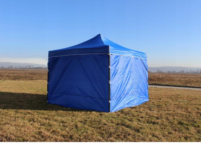 Cort tip pavilion cu 3 pereti laterali, structura solida otel si acoperis impermeabil PVC, 3x3 m cu inaltime reglabila, albastru