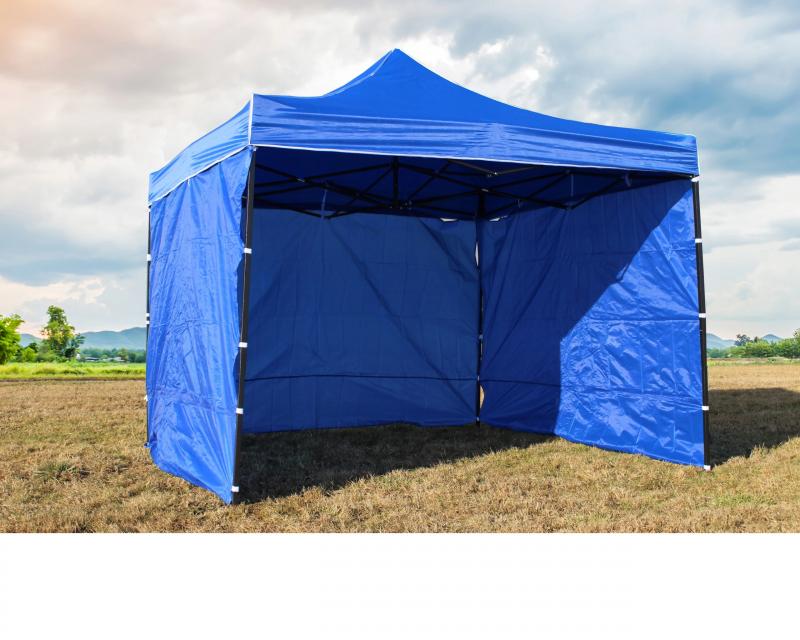 Cort tip pavilion cu 3 pereti laterali, structura solida otel si acoperis impermeabil PVC, 3x3 m cu inaltime reglabila, albastru