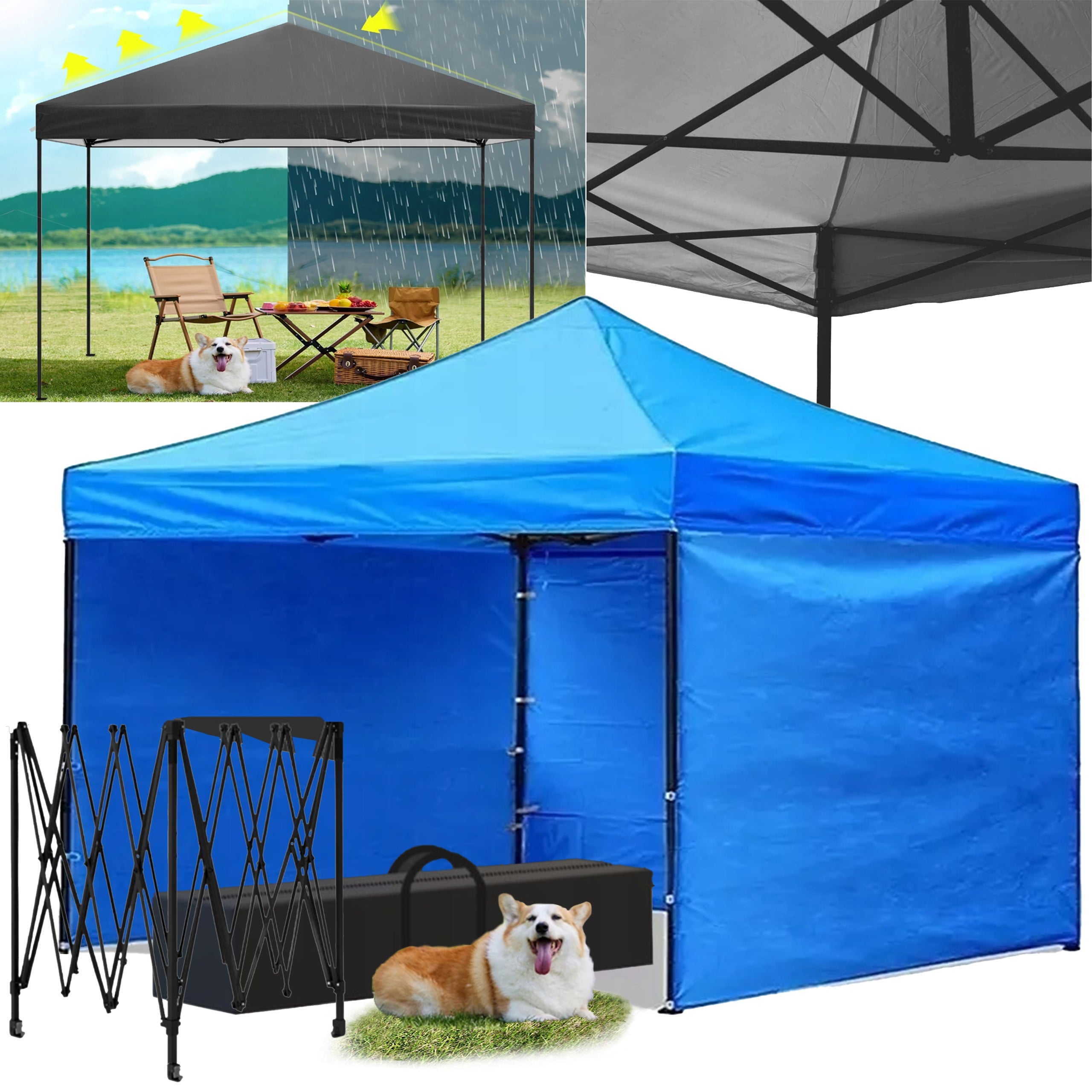 Cort tip pavilion cu 3 pereti laterali, structura solida otel si acoperis impermeabil PVC, 3x3 m cu inaltime reglabila, albastru