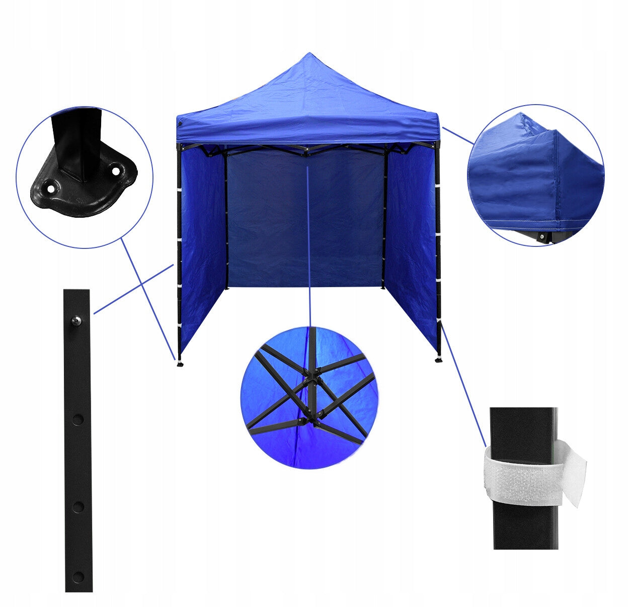 Cort tip pavilion cu 3 pereti laterali, structura solida otel si acoperis impermeabil PVC, 3x3 m cu inaltime reglabila, albastru