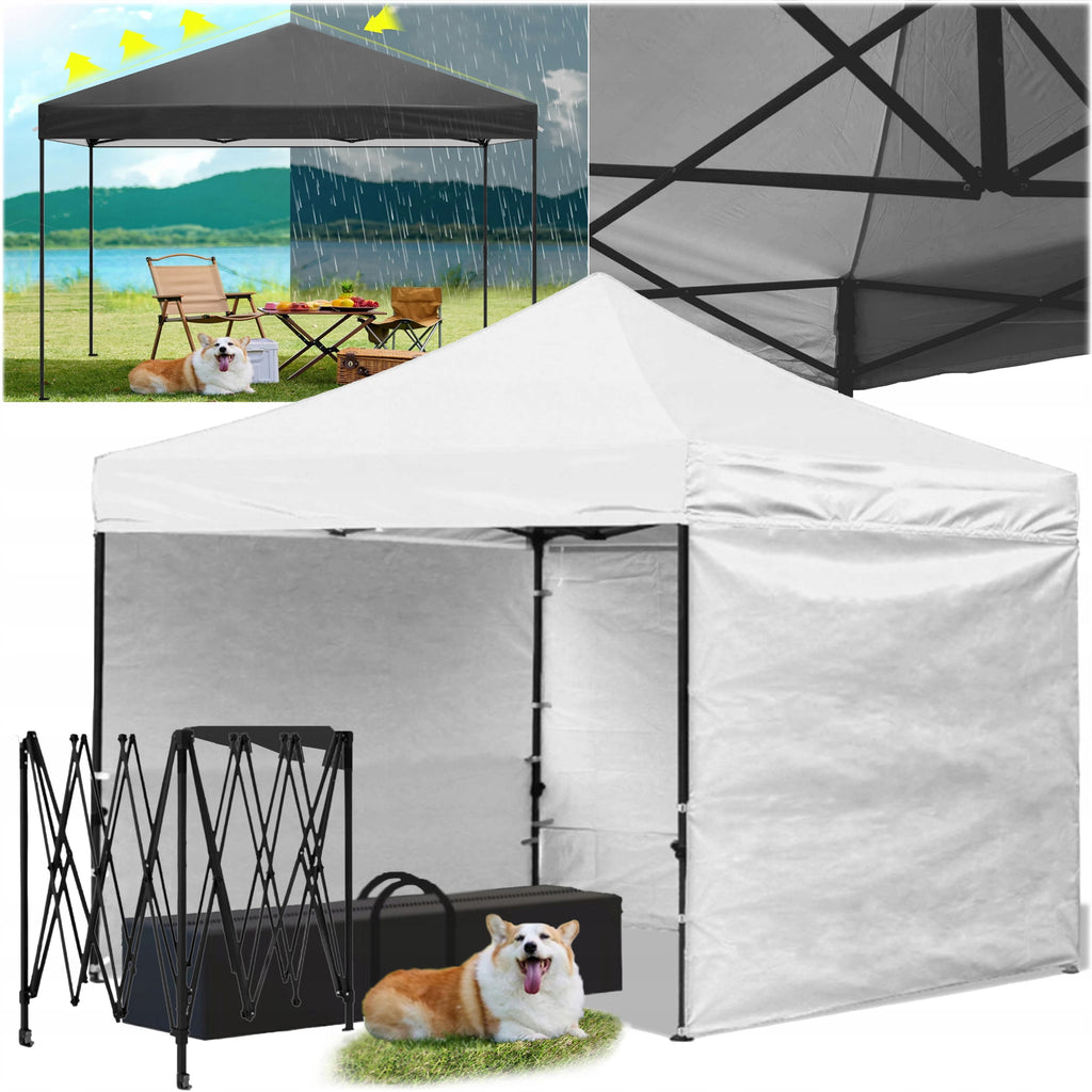 Cort tip pavilion cu 3 pereti laterali, structura solida otel si acoperis impermeabil PVC, 3x3 m cu inaltime reglabila, alb