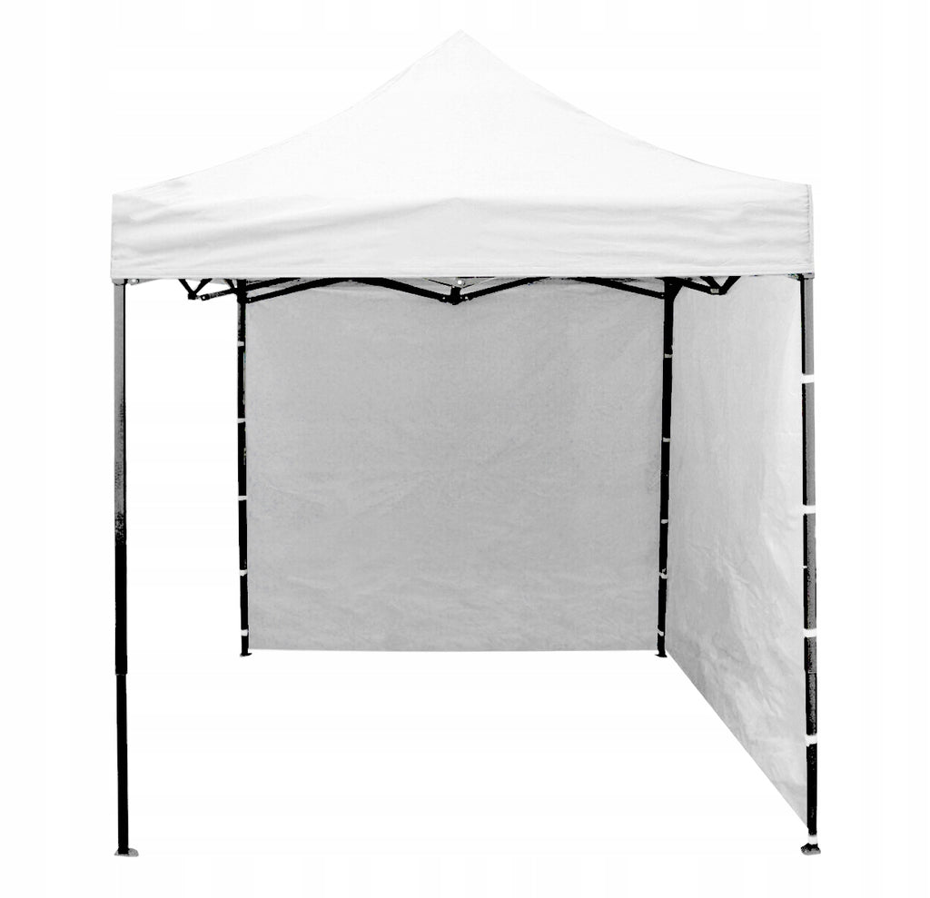 Cort tip pavilion cu 3 pereti laterali, structura solida otel si acoperis impermeabil PVC, 3x3 m cu inaltime reglabila, alb