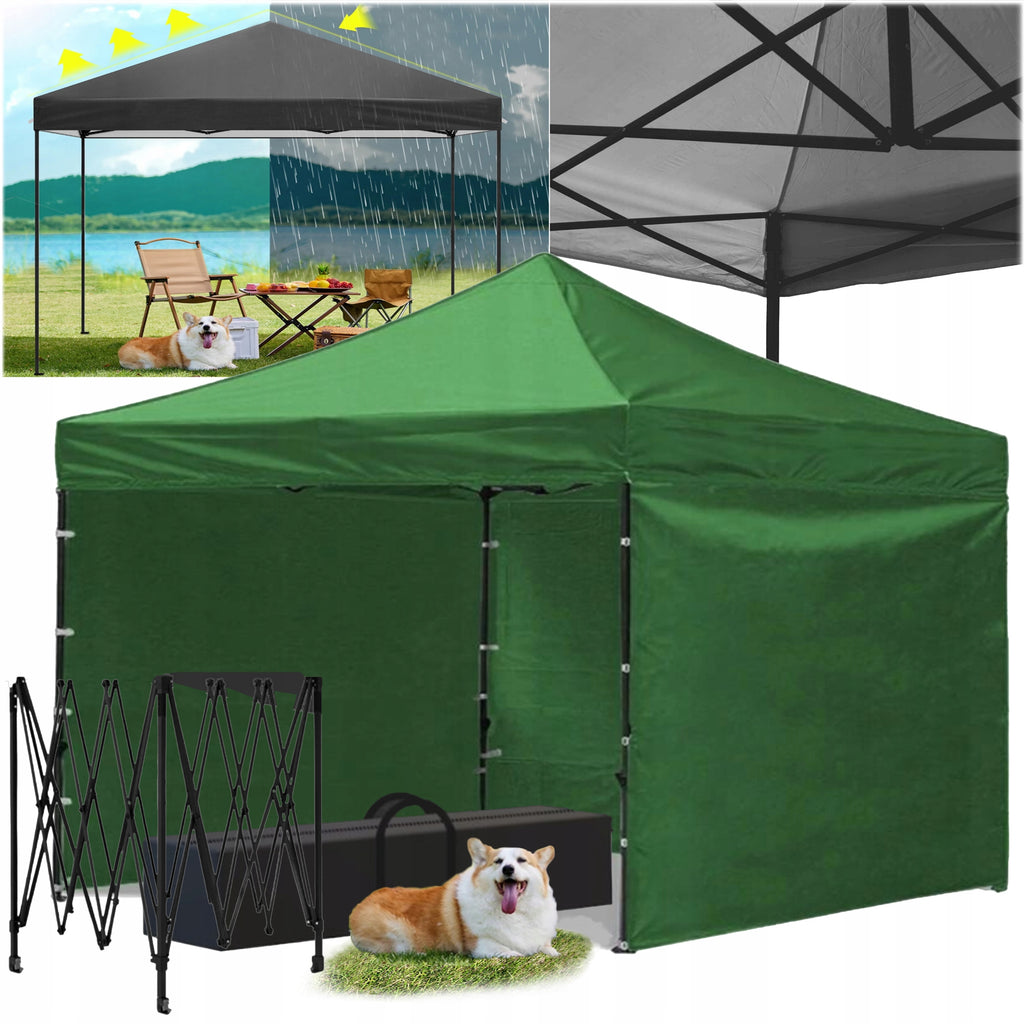 Cort tip pavilion cu 3 pereti laterali, structura solida otel si acoperis impermeabil PVC, 3x3 m cu inaltime reglabila, verde