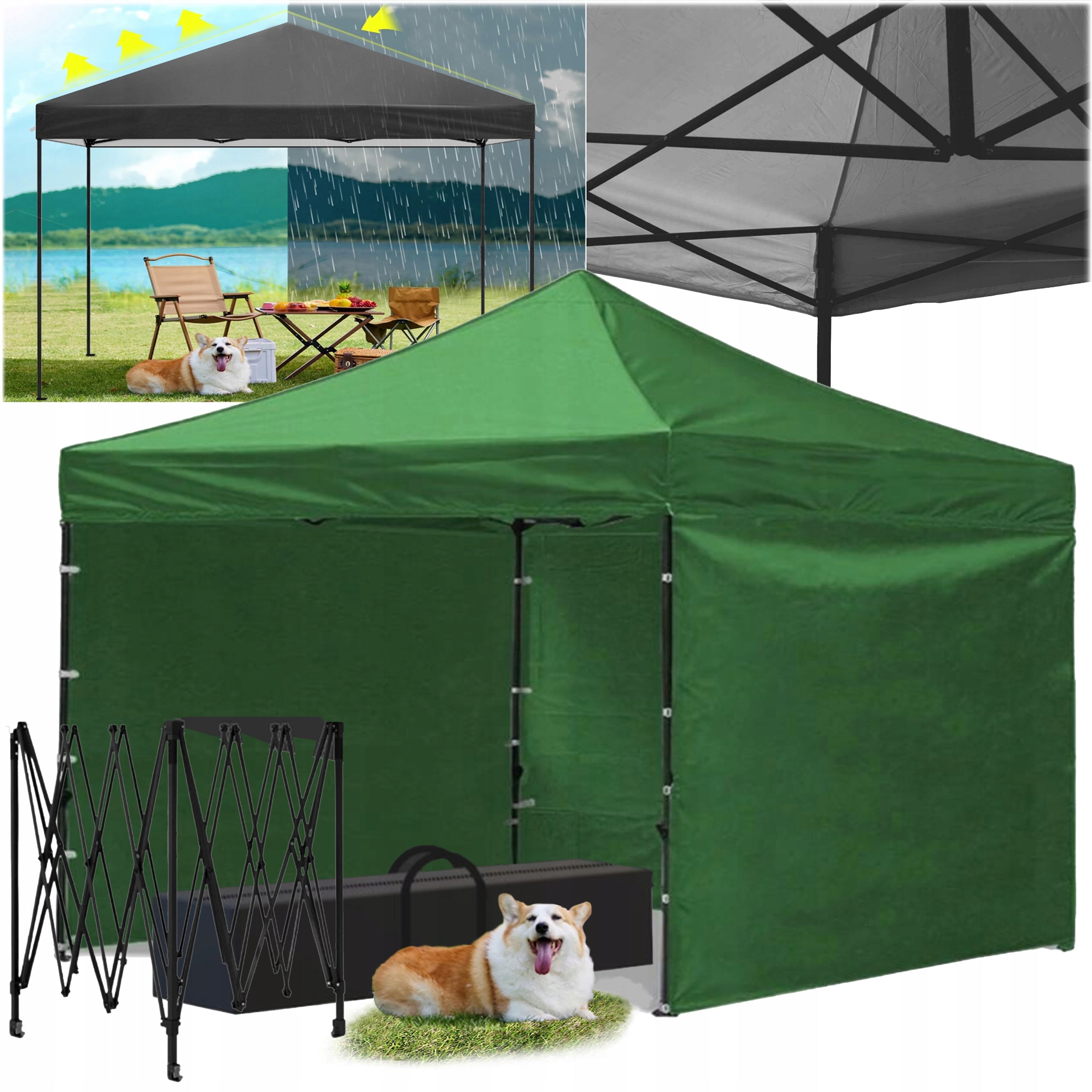 Cort tip pavilion cu 3 pereti laterali, structura solida otel si acoperis impermeabil PVC, 3x3 m cu inaltime reglabila, verde