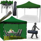 Cort tip pavilion cu 3 pereti laterali, structura solida otel si acoperis impermeabil PVC, 3x3 m cu inaltime reglabila, verde