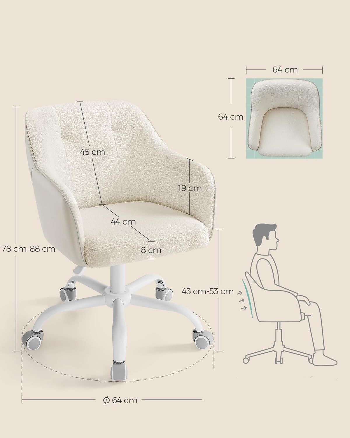 SONGMICS Scaun birou rotativ, reglabil pe inaltime, material sherpa si PU, cadru otel, 64x64x78-88cm, bej