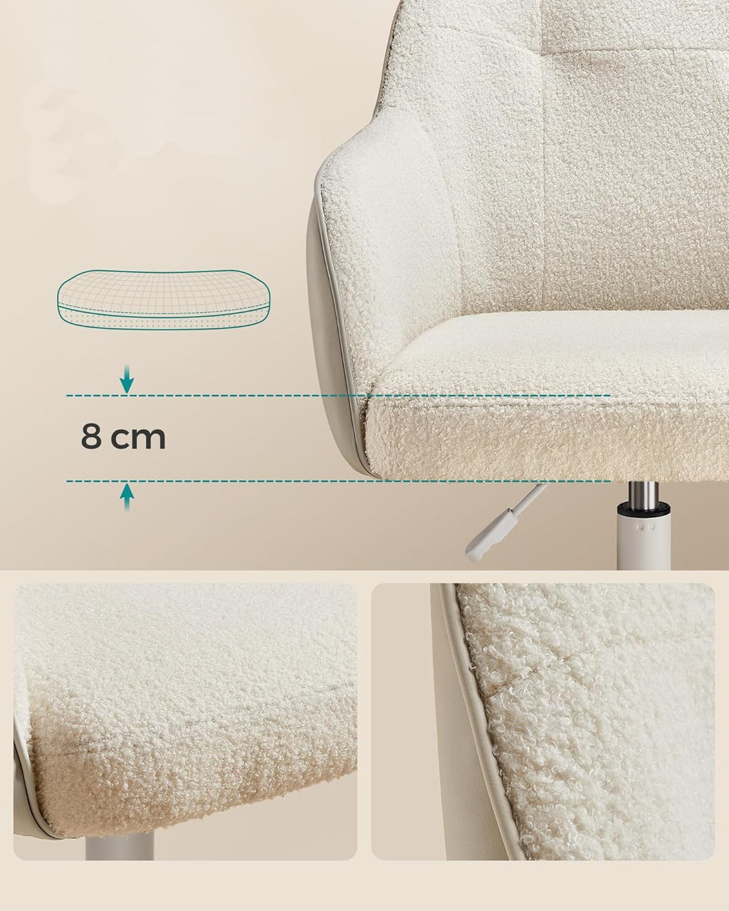 SONGMICS Scaun birou rotativ, reglabil pe inaltime, material sherpa si PU, cadru otel, 64x64x78-88cm, bej