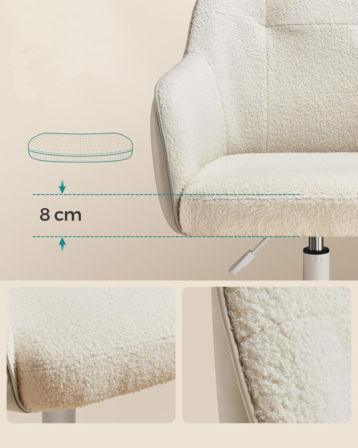 SONGMICS Scaun birou rotativ, reglabil pe inaltime, material sherpa si PU, cadru otel, 64x64x78-88cm, bej