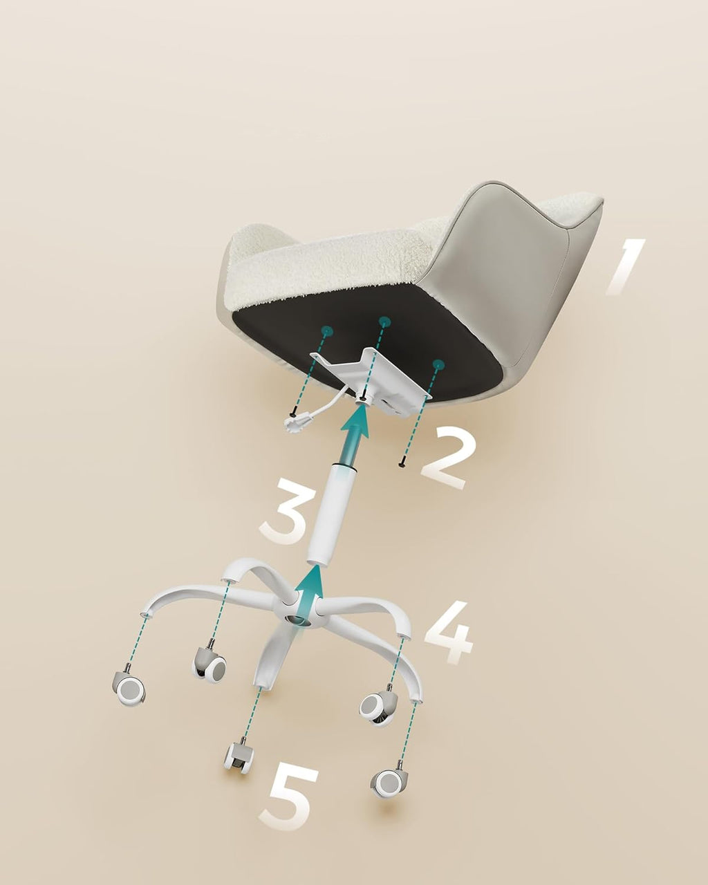 SONGMICS Scaun birou rotativ, reglabil pe inaltime, material sherpa si PU, cadru otel, 64x64x78-88cm, bej