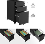 SONGMICS Dulap birou rollbox, cu 3 sertare si roti, corp metalic preasamblat cu incuietoare, pentru documente A4, 46x30x59 cm, negru