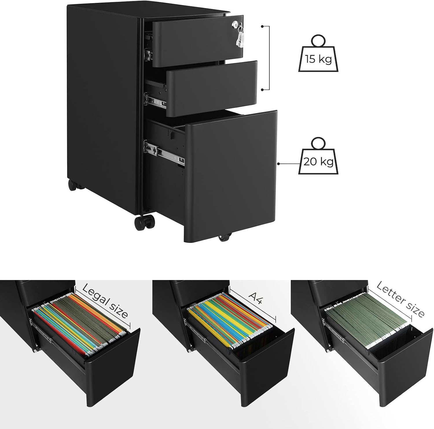 SONGMICS Dulap birou rollbox, cu 3 sertare si roti, corp metalic preasamblat cu incuietoare, pentru documente A4, 46x30x59 cm, negru