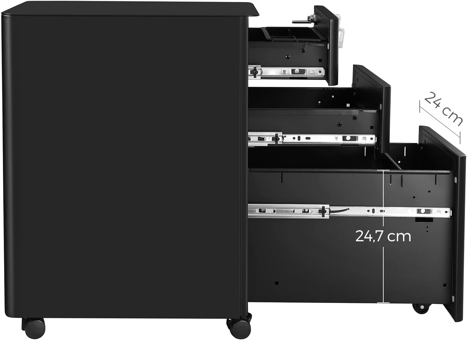 SONGMICS Dulap birou rollbox, cu 3 sertare si roti, corp metalic preasamblat cu incuietoare, pentru documente A4, 46x30x59 cm, negru