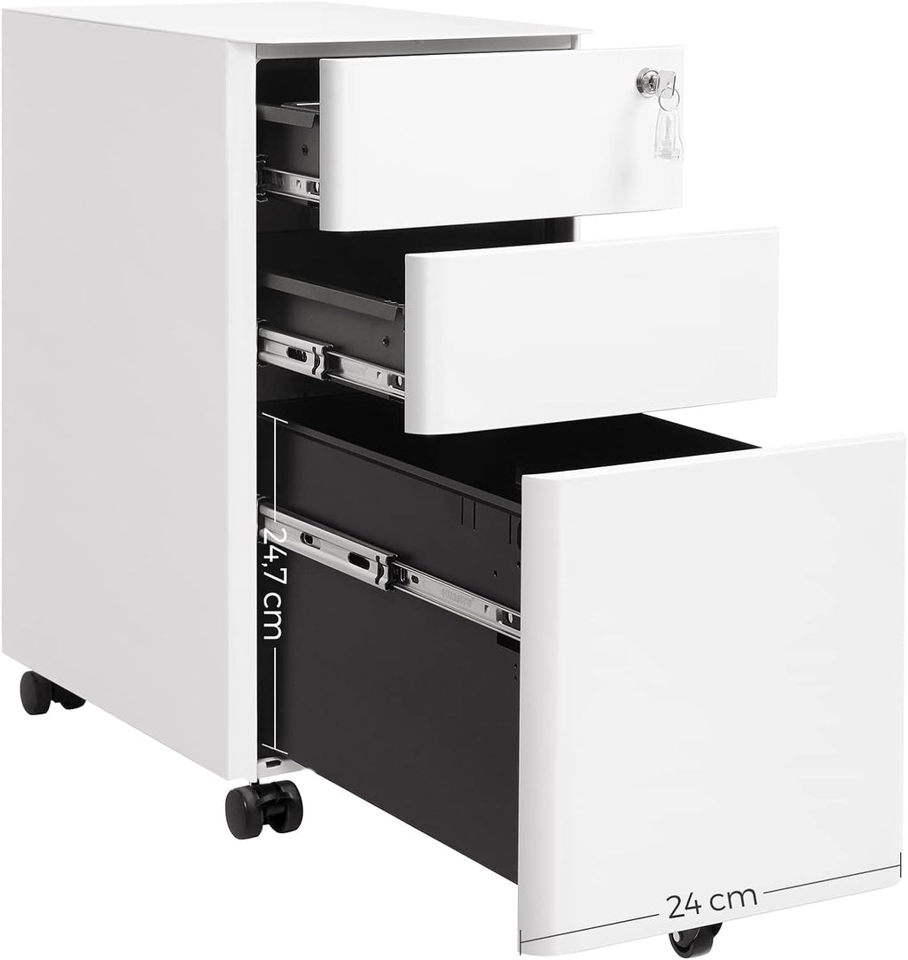 SONGMICS Dulap birou rollbox, cu 3 sertare si roti, corp metalic preasamblat cu incuietoare, pentru documente A4, 46x30x59 cm, alb
