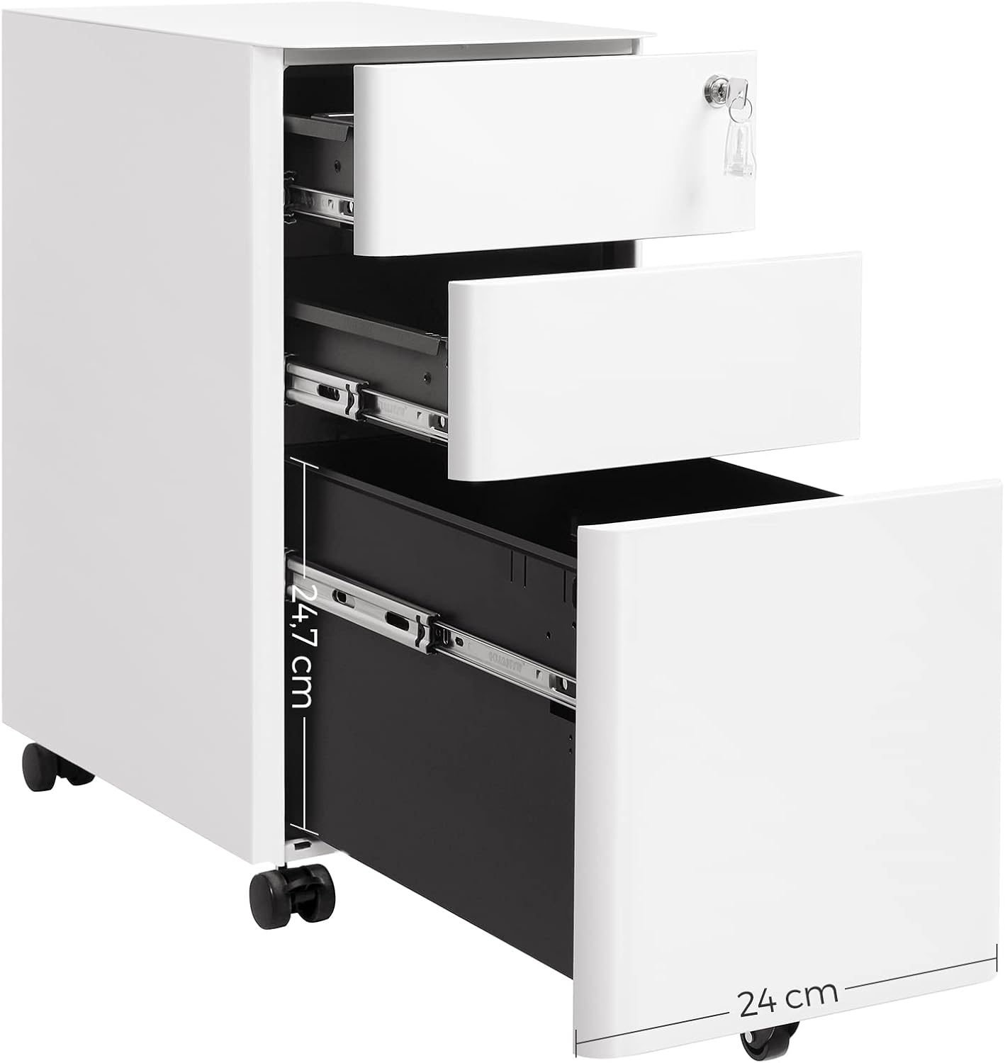 SONGMICS Dulap birou rollbox, cu 3 sertare si roti, corp metalic preasamblat cu incuietoare, pentru documente A4, 46x30x59 cm, alb