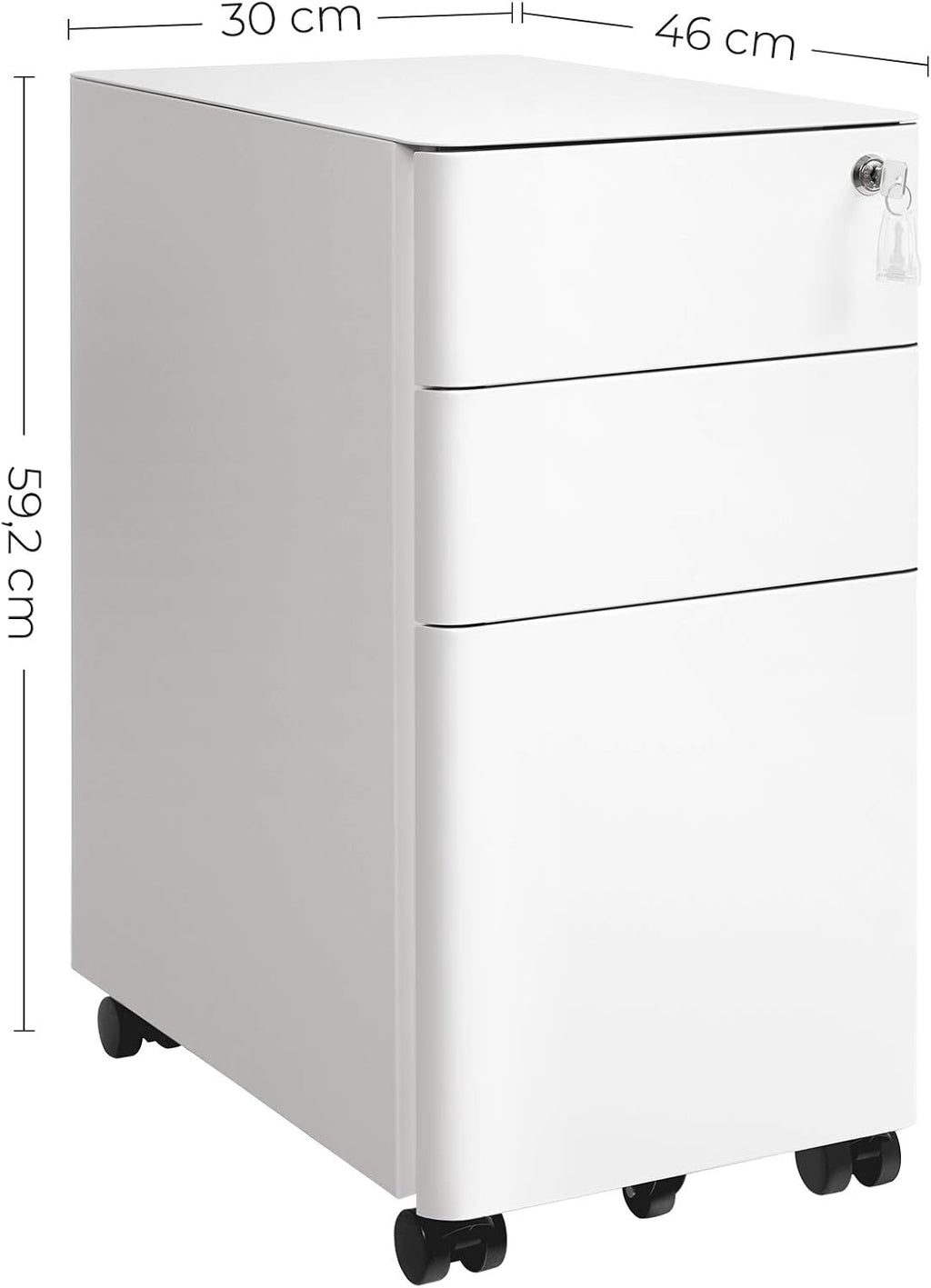 SONGMICS Dulap birou rollbox, cu 3 sertare si roti, corp metalic preasamblat cu incuietoare, pentru documente A4, 46x30x59 cm, alb