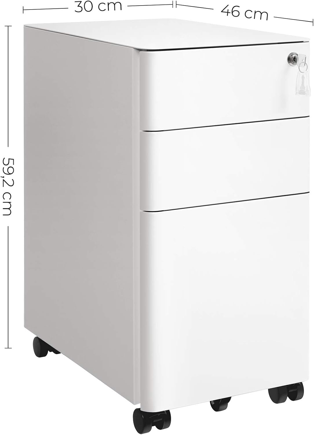 SONGMICS Dulap birou rollbox, cu 3 sertare si roti, corp metalic preasamblat cu incuietoare, pentru documente A4, 46x30x59 cm, alb