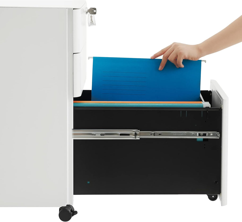 SONGMICS Dulap birou rollbox, cu 3 sertare si roti, corp metalic preasamblat cu incuietoare, pentru documente A4, 46x30x59 cm, alb