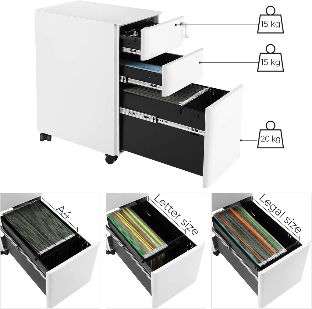 SONGMICS Dulap birou rollbox, cu 3 sertare si roti, corp metalic preasamblat cu incuietoare, pentru documente A4, 46x30x59 cm, alb