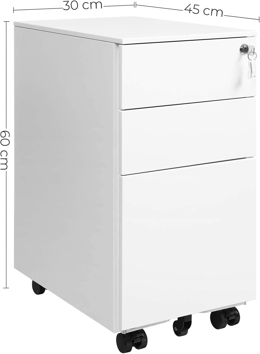 SONGMICS Dulap mobil tip rollbox pentru birouri, 3 sertare pentru documente A4, otel, 30x45x60 cm, alb