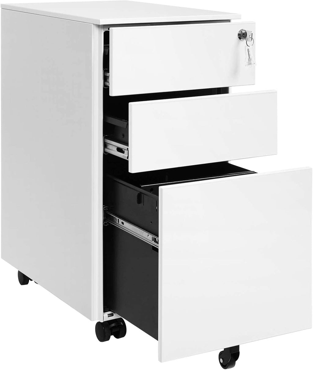 SONGMICS Dulap mobil tip rollbox pentru birouri, 3 sertare pentru documente A4, otel, 30x45x60 cm, alb