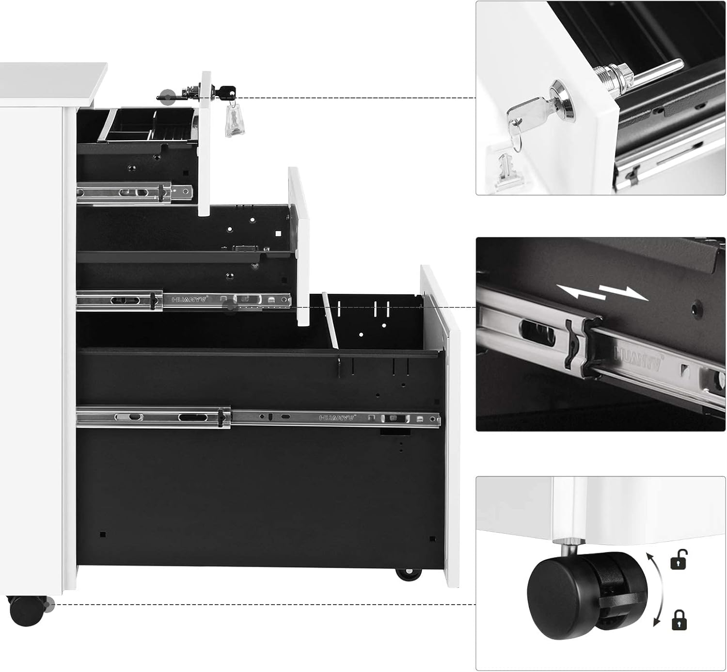 SONGMICS Dulap mobil tip rollbox pentru birouri, 3 sertare pentru documente A4, otel, 30x45x60 cm, alb