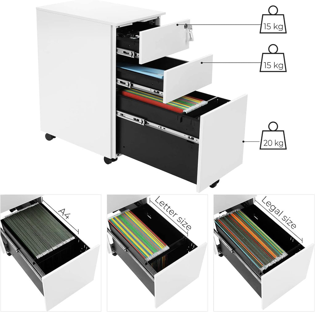 SONGMICS Dulap mobil tip rollbox pentru birouri, 3 sertare pentru documente A4, otel, 30x45x60 cm, alb