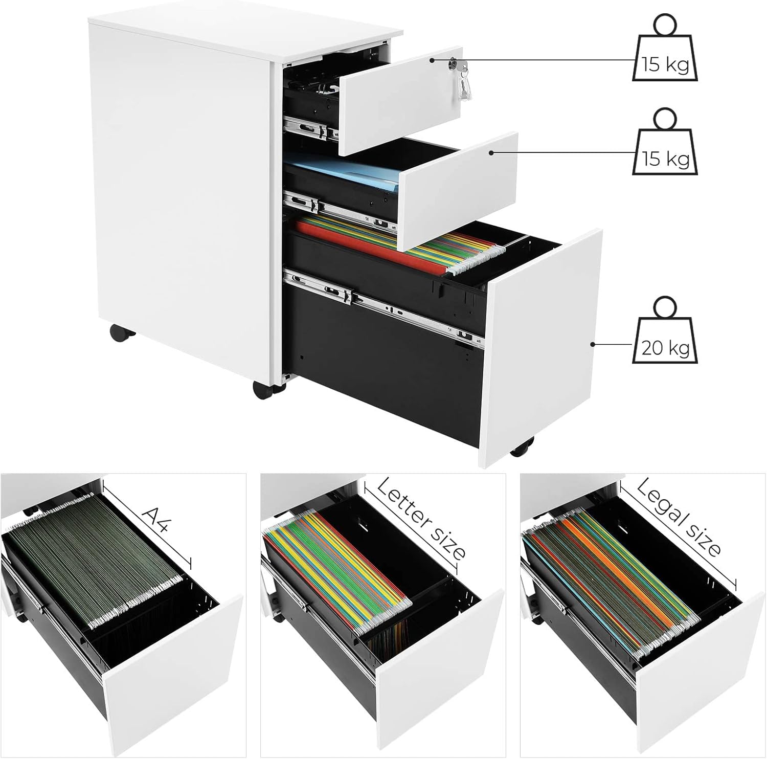 SONGMICS Dulap mobil tip rollbox pentru birouri, 3 sertare pentru documente A4, otel, 30x45x60 cm, alb
