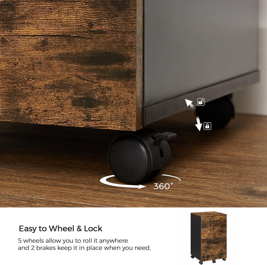 VASAGLE Dulap birou tip rollbox cu 2 sertare pentru documente A4, cu roti, stil industrial, 42x40x70 cm, maro rustic
