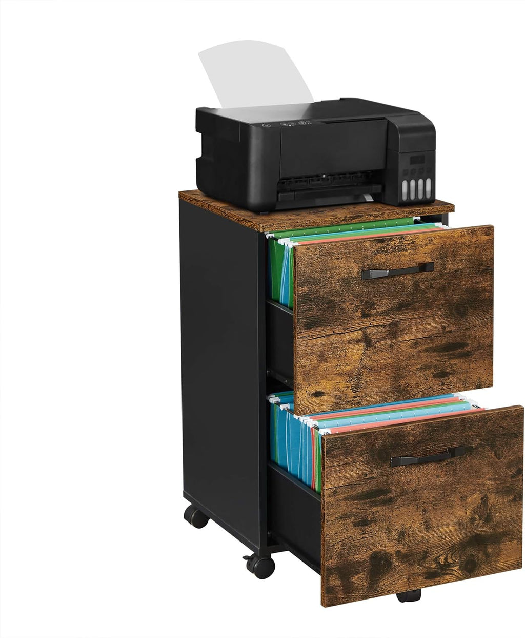 VASAGLE Dulap birou tip rollbox cu 2 sertare pentru documente A4, cu roti, stil industrial, 42x40x70 cm, maro rustic