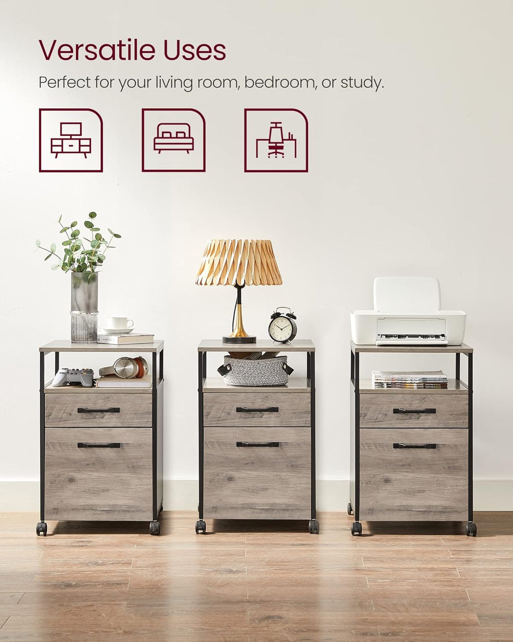 VASAGLE Dulap mobil 42x44x69 cm, cu 2 sertare si roti cu frana, compartiment deschis si suport dosare, PAL si otel, gri si negru