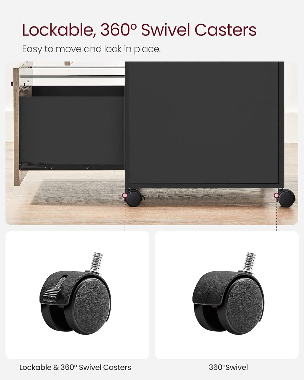 VASAGLE Dulap mobil 42x44x69 cm, cu 2 sertare si roti cu frana, compartiment deschis si suport dosare, PAL si otel, gri si negru