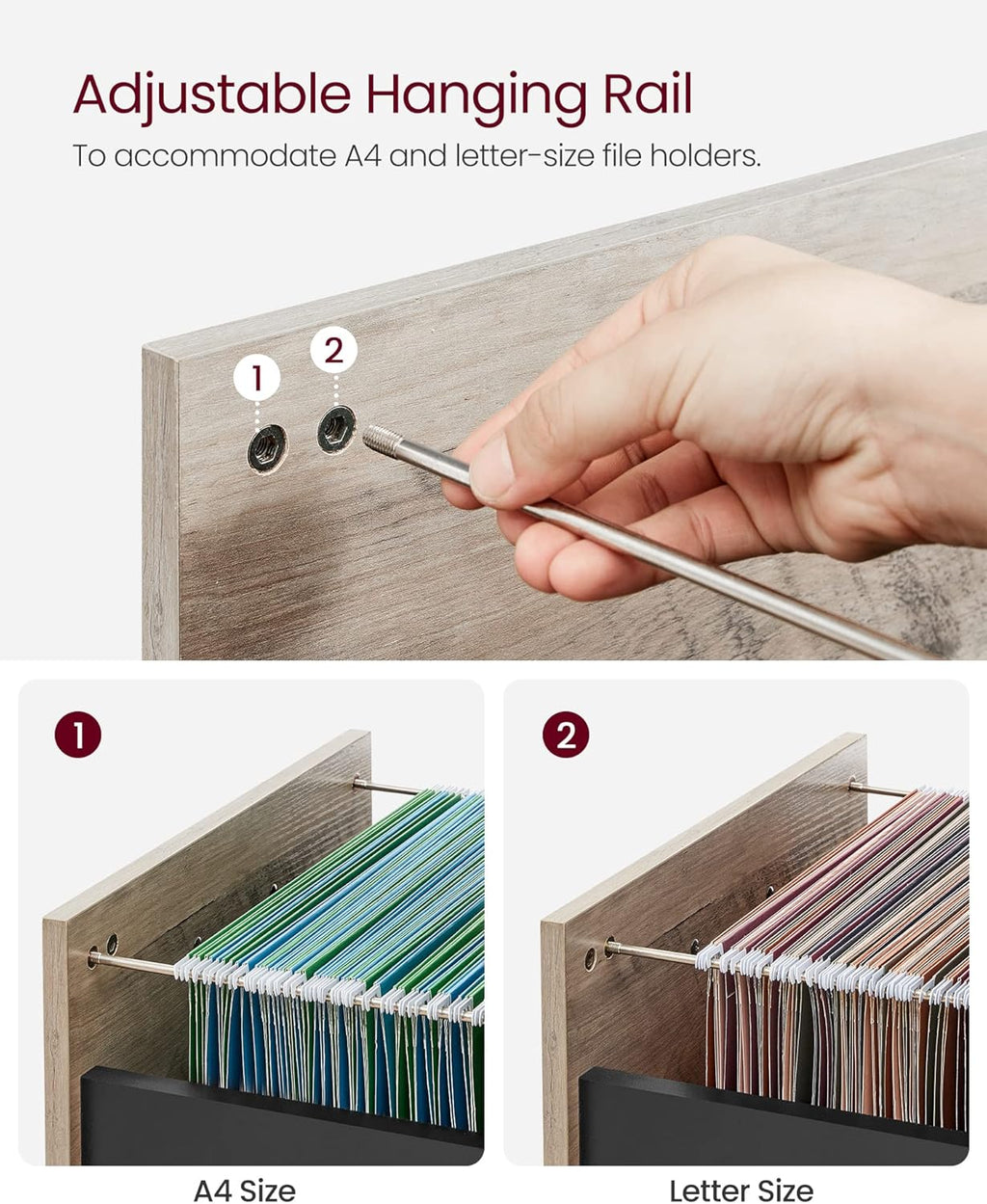 VASAGLE Dulap mobil 42x44x69 cm, cu 2 sertare si roti cu frana, compartiment deschis si suport dosare, PAL si otel, gri si negru