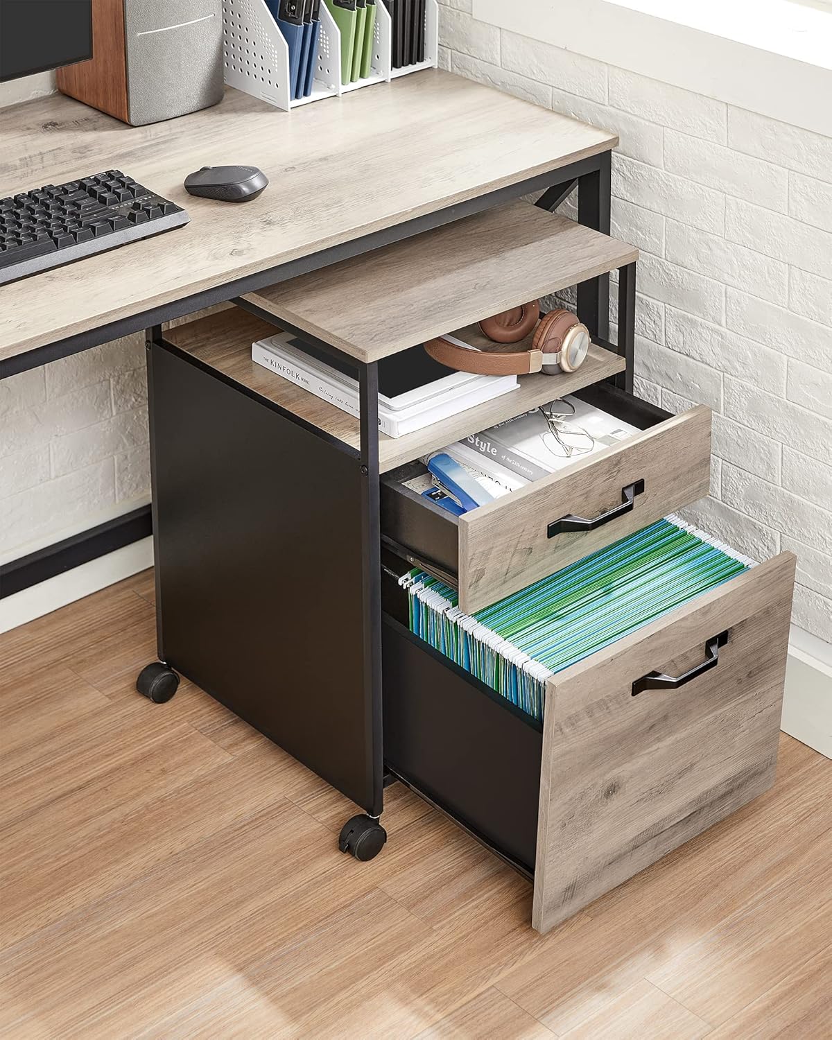 VASAGLE Dulap mobil 42x44x69 cm, cu 2 sertare si roti cu frana, compartiment deschis si suport dosare, PAL si otel, gri si negru