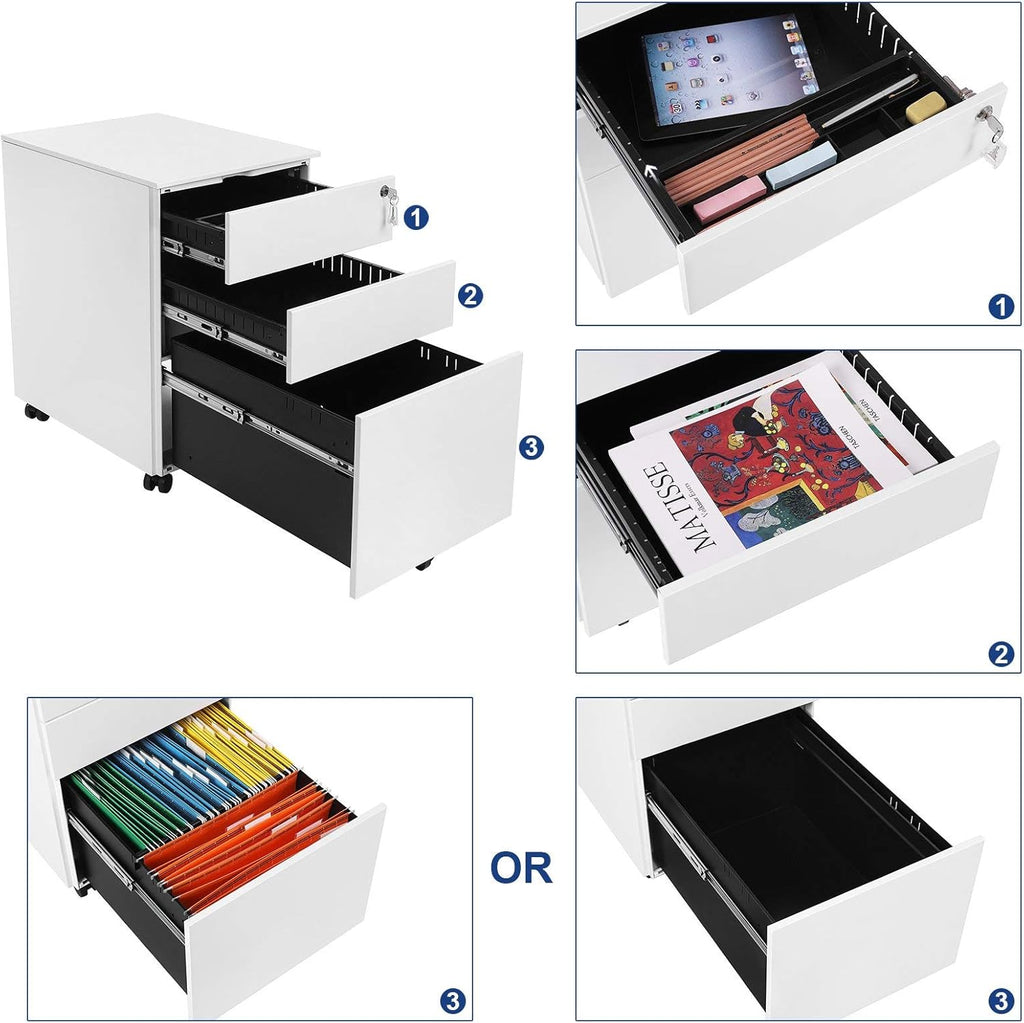 SONGMICS Dulap mobil tip rollbox pentru birouri, din otel, sertar cu sina dosare A4, 39x52x60 cm, alb