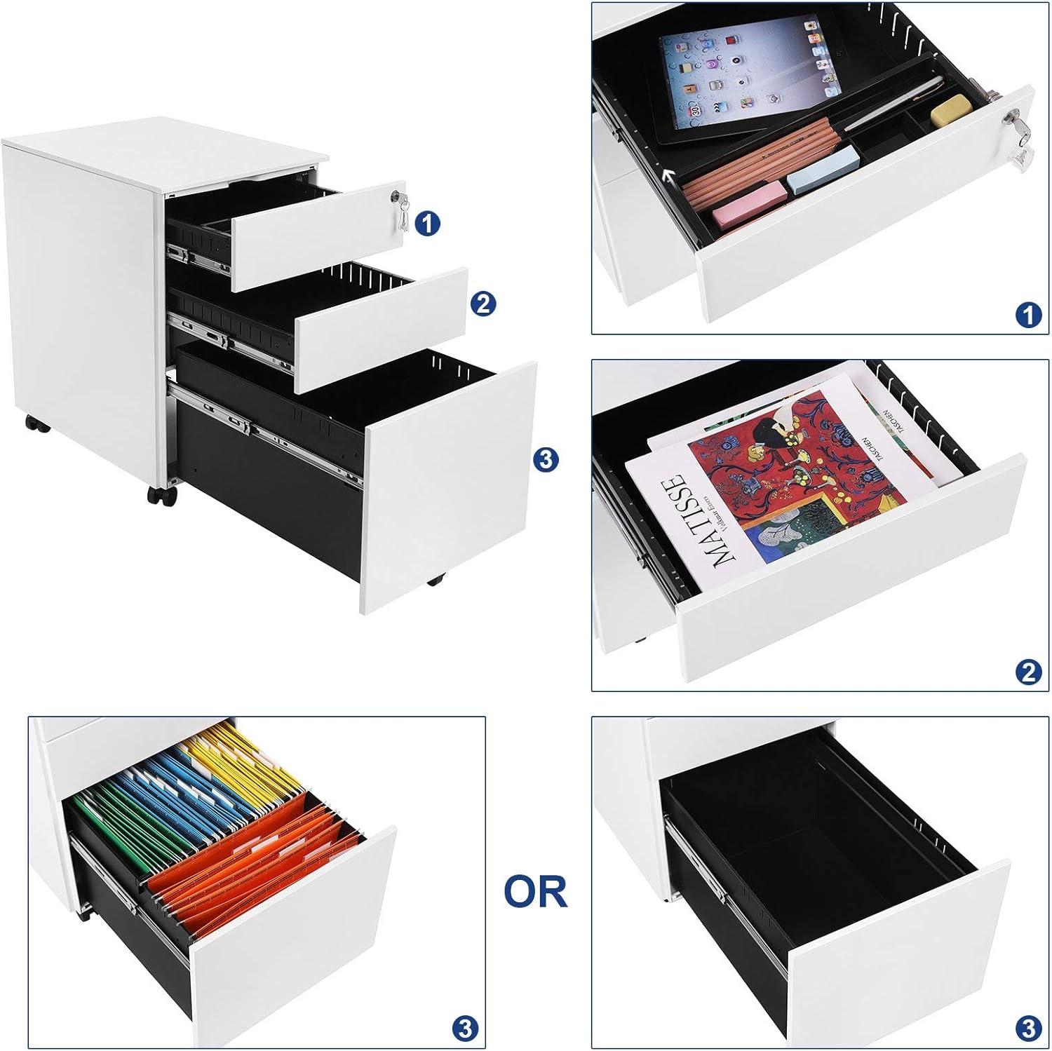 SONGMICS Dulap mobil tip rollbox pentru birouri, din otel, sertar cu sina dosare A4, 39x52x60 cm, alb