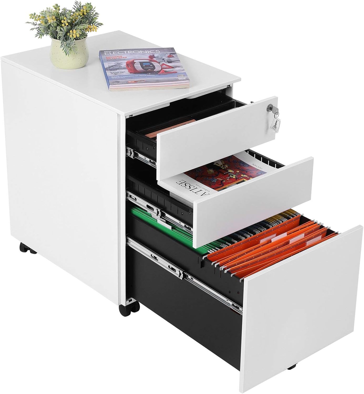 SONGMICS Dulap mobil tip rollbox pentru birouri, din otel, sertar cu sina dosare A4, 39x52x60 cm, alb