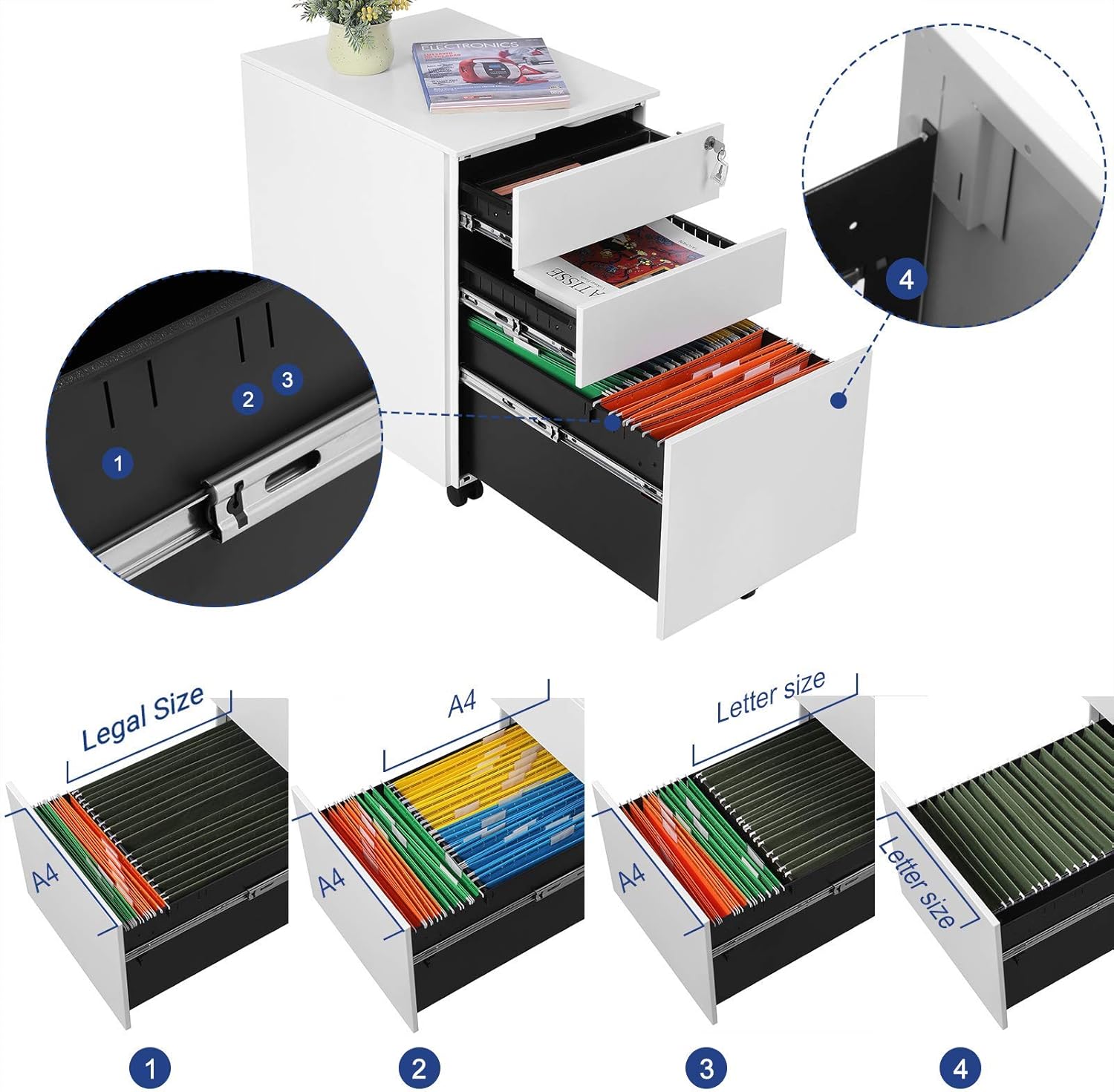 SONGMICS Dulap mobil tip rollbox pentru birouri, din otel, sertar cu sina dosare A4, 39x52x60 cm, alb