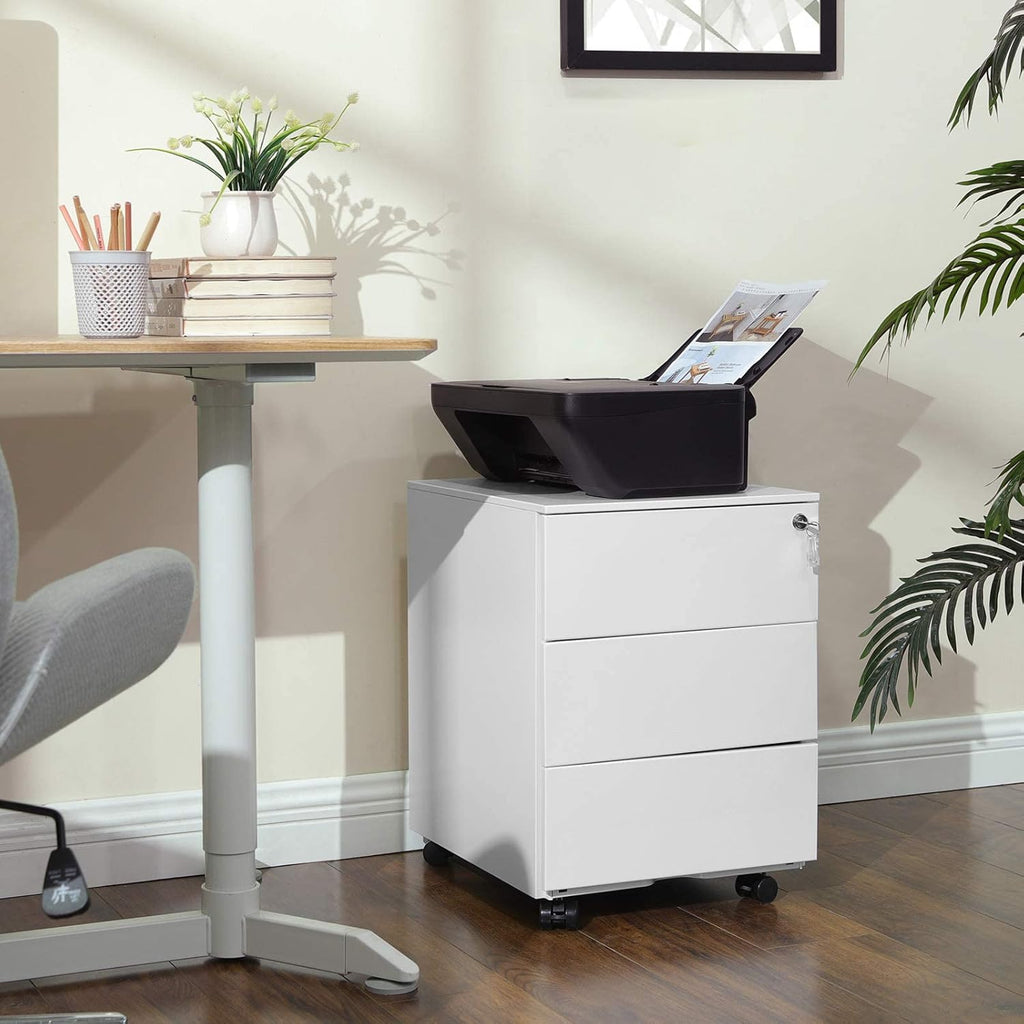 SONGMICS Dulap mobil rollbox pentru birouri, 3 sertare pentru documente, corp pre-asamblat, 45x39x54 cm, alb