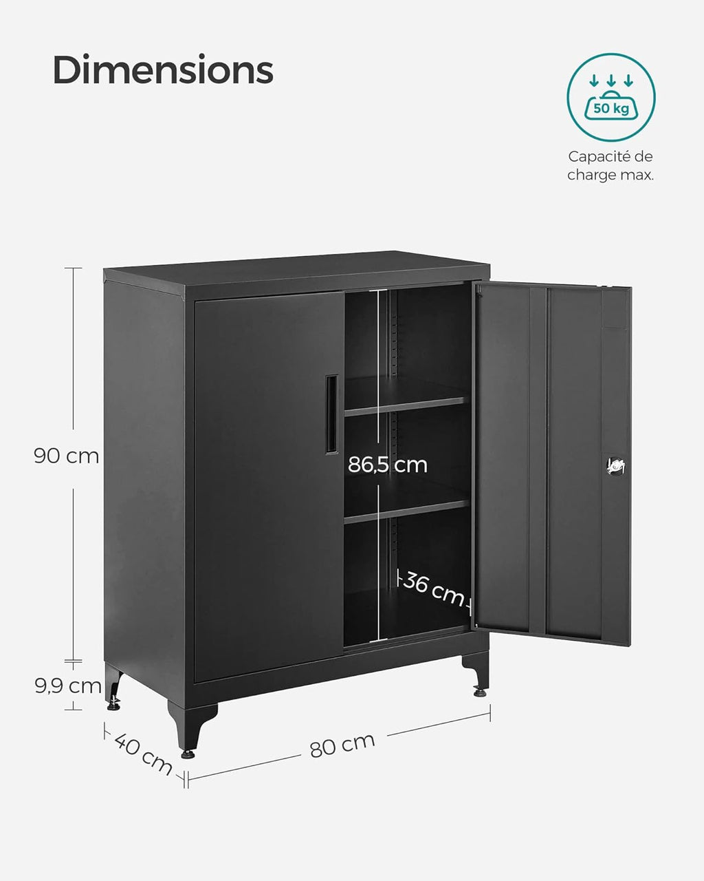 SONGMICS Dulap birou metalic cu 2 usi si sistem de inchidere, multifunctional cu rafturi reglabile, 40x80x90 cm, negru