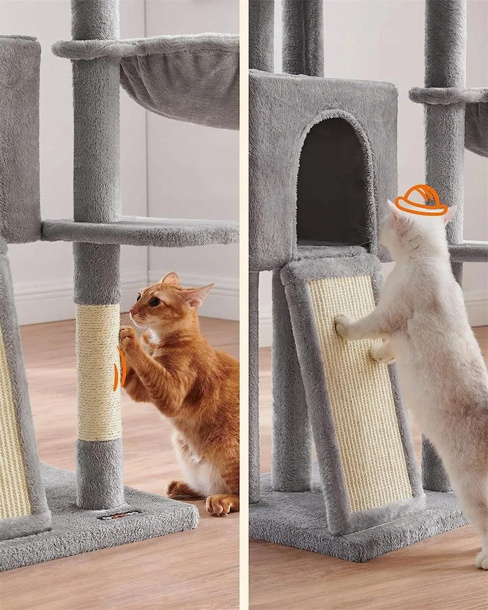 FEANDREA Ansamblu de joaca pisici, 4 niveluri, stalpi sisal, cos, vizuina si placa de zgariat, 46x41x135 cm, gri deschis
