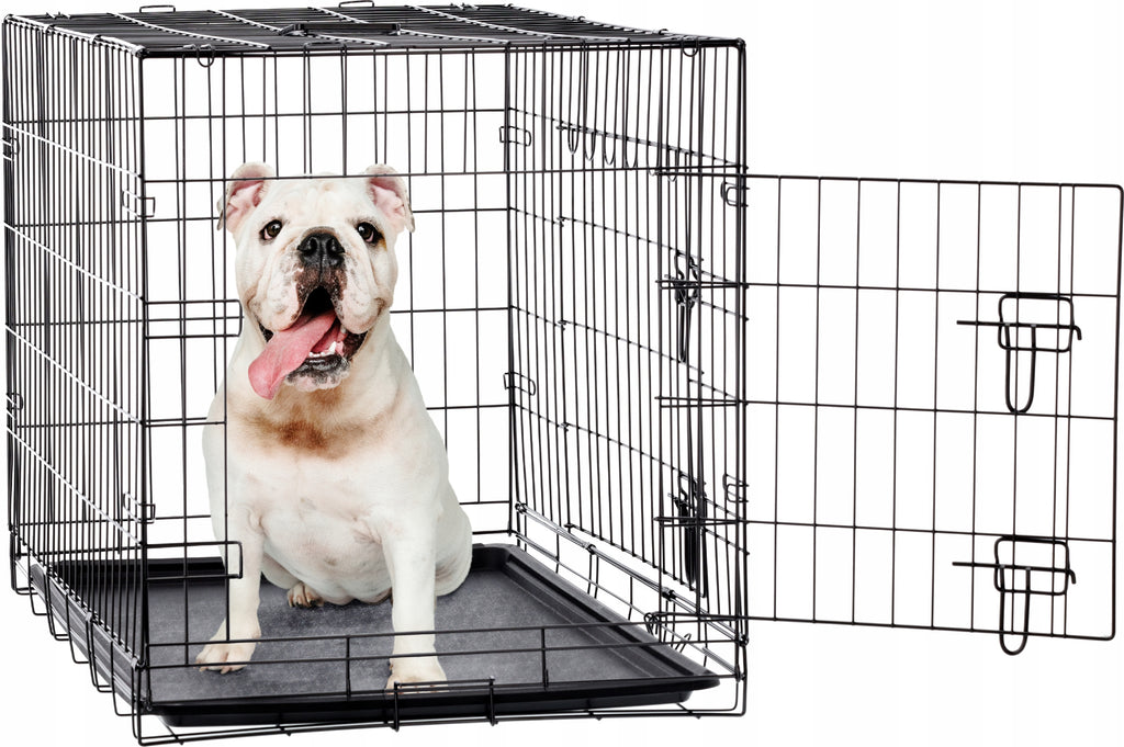 Cusca metalica pliabila pentru animale, cu maner si tava detasabila, 107x69x76 cm, negru