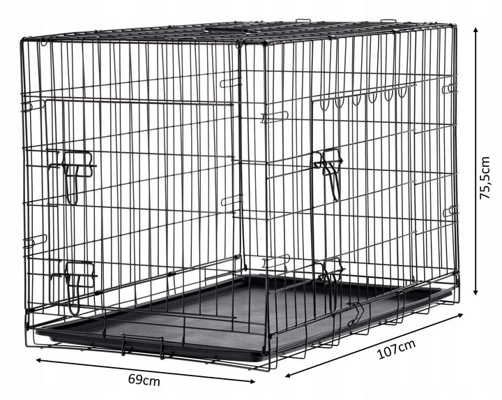 Cusca metalica pliabila pentru animale, cu maner si tava detasabila, 107x69x76 cm, negru