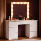 Masa de toaleta si machiaj, cu oglinda LED si 7 sertare, 132x43x152 cm, alb