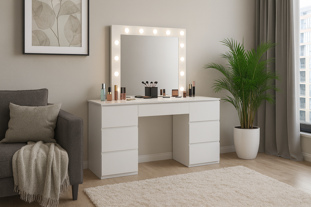 Masa de toaleta si machiaj, cu oglinda LED si 7 sertare, 132x43x152 cm, alb
