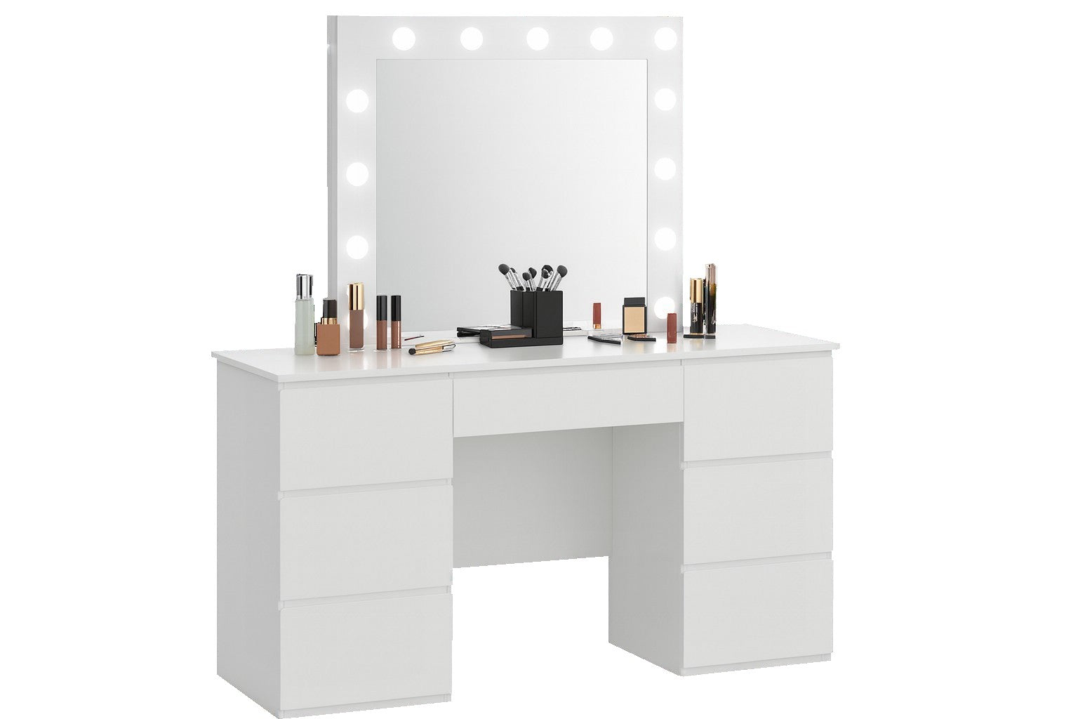 Masa de toaleta si machiaj, cu oglinda LED si 7 sertare, 132x43x152 cm, alb